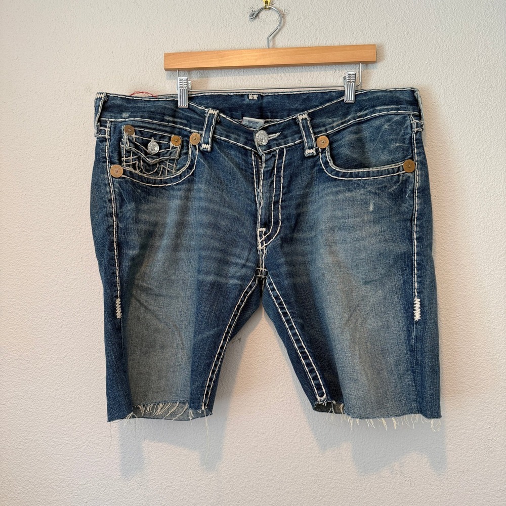 True Religion Joey Super T Mens Blue Denim Cut Off Shorts Size 38 Made in USA